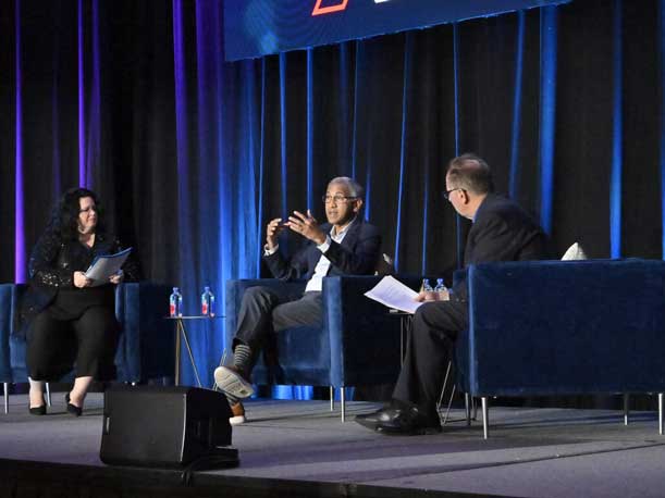 (From L-R) CRN Executive Editor Jennifer Follett, Nutanix CEO Rajiv Ramaswami, CRN Editor News Steven Burke